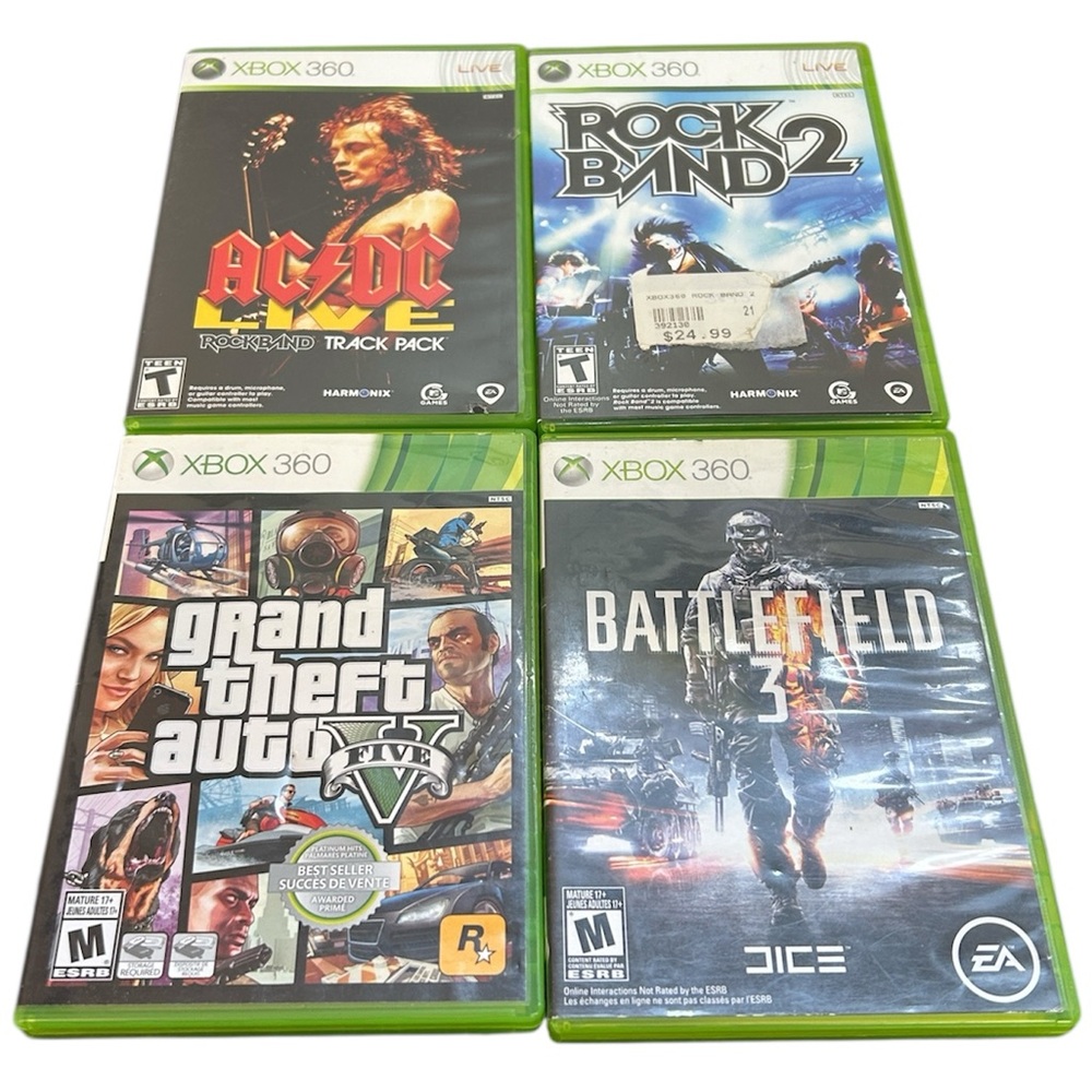 Xbox 360 Lot of 4 Games | AC/DC Live, Rock Band 2, GTA‎ V & Battlefield 3